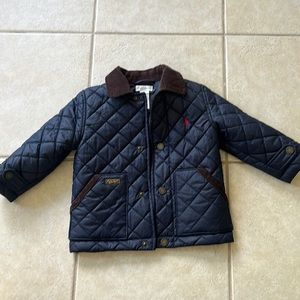 Ralph Lauren blue quilted jacket with brown corduroy trim